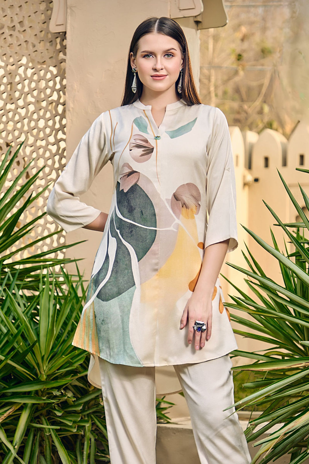 Beige with Multicolor Digital Print Cord Set