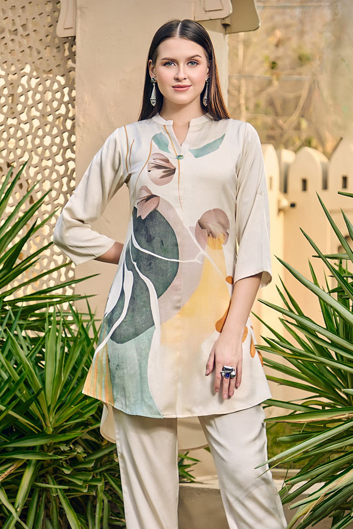 Beige with Multicolor Digital Print Cord Set