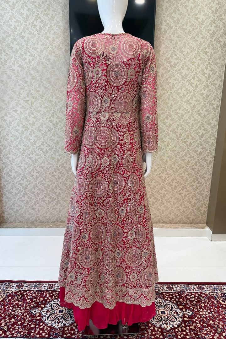 Rani Pink Drape Style Lehenga with Sequins, Stone and Zari work Long Overcoat