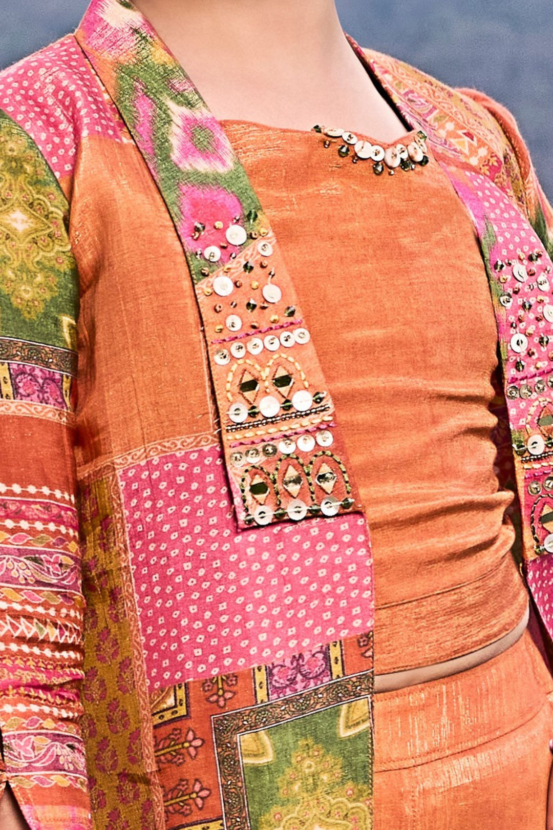 Rust with Multicolor Digital Print Jacket Styled Palazzo Set for Girls