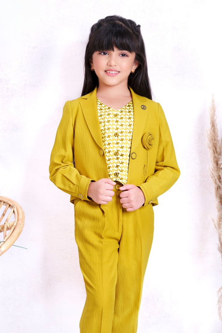 Neon Yellow Printed Overcoat Styled Co-ord Set for Girls