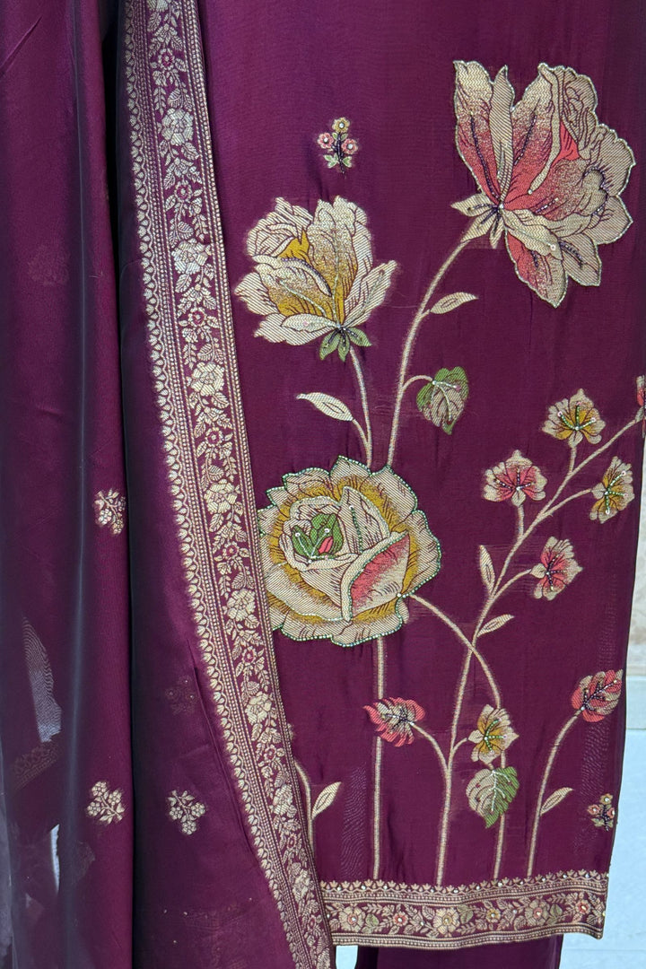 Wine Beads, Sequins, Zari, Stone, Banaras and Jacquard work Straight Cut Salwar Suit