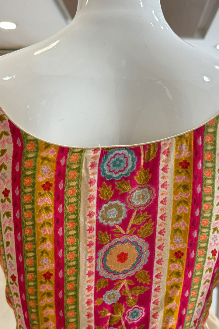 Beige Banaras, Beads and Zardozi work with Multicolor Digital Print Straight Cut Salwar Suit