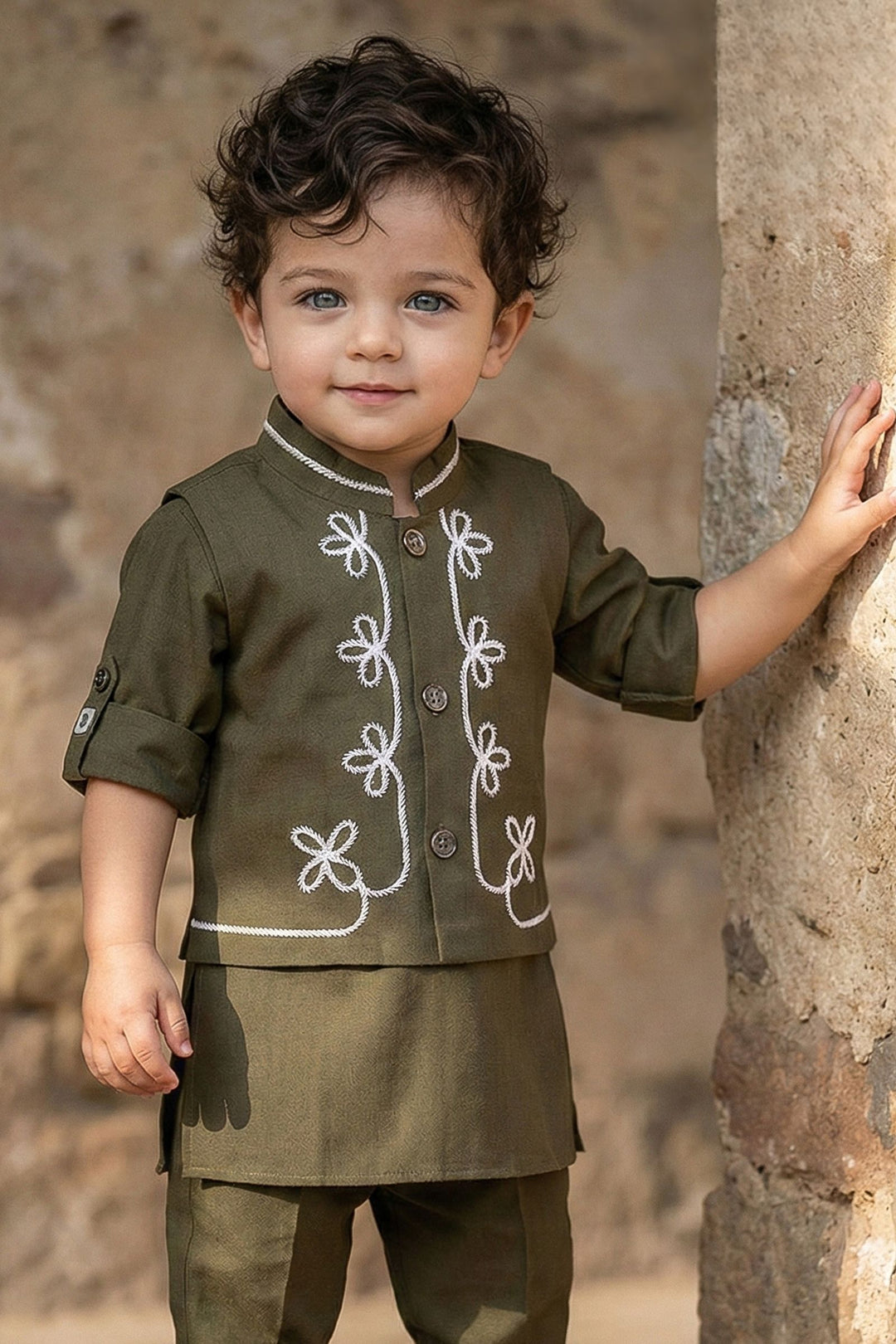 Olive Green Thread work Waist Coat Kurta Set for Boys