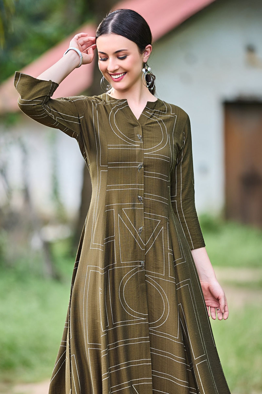 Mehendi Green Beads work with Printed Anarkali Styled Long Kurti