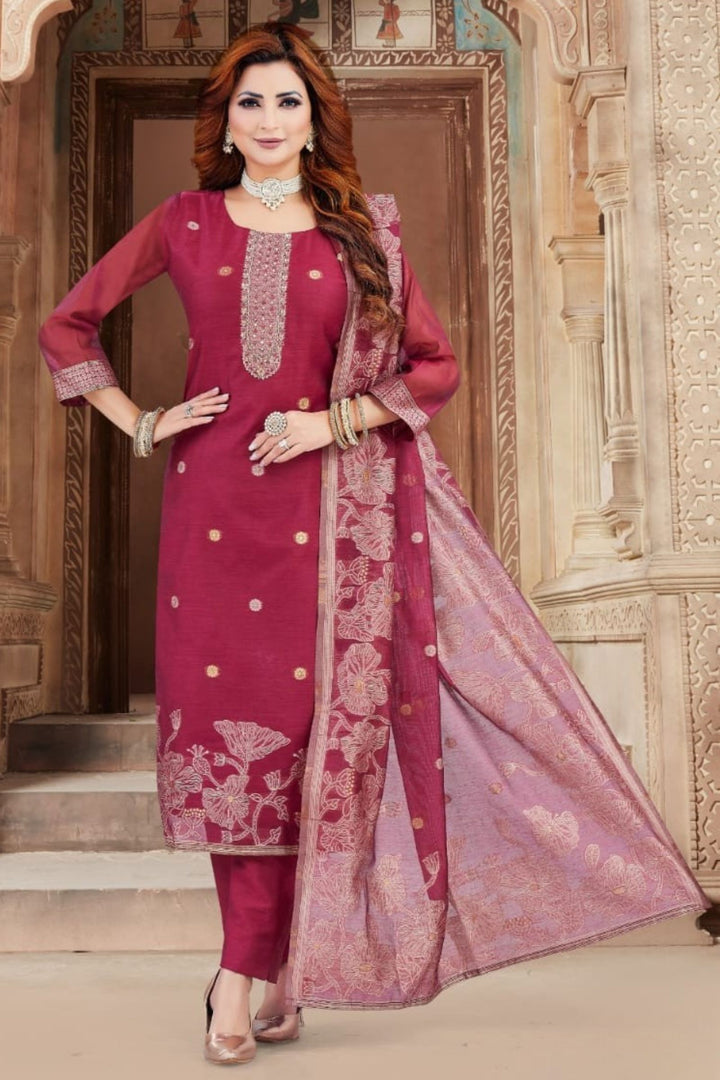Magenta Zardozi, Sequins, Beads and Banaras work Straight Cut Salwar Suit