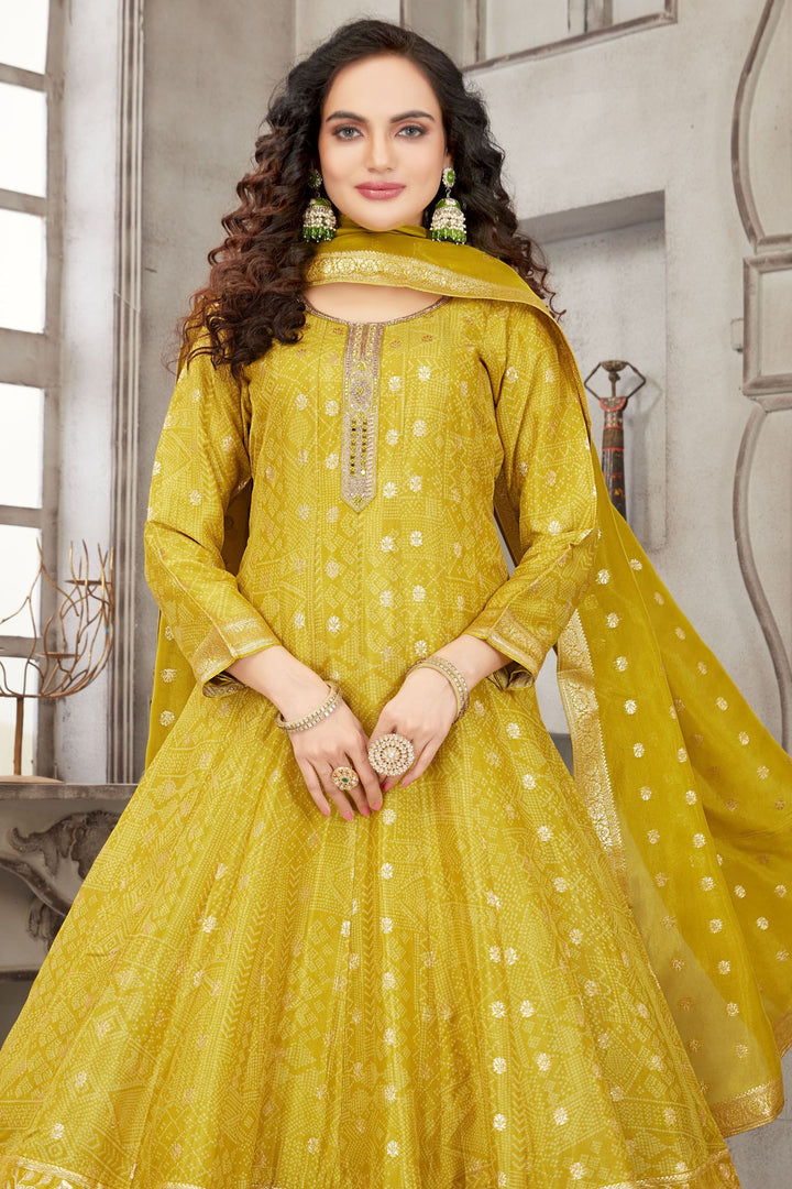 Liril Green Banaras, Zardozi and Mirror work with Bandini Print Anarkali Style Salwar