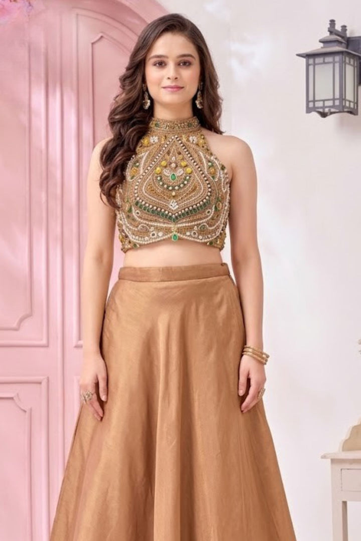 Gold Stone, Beads, Zardozi, Sequins and Pearl work Halter Neck Palazzo Suit Set for Girls