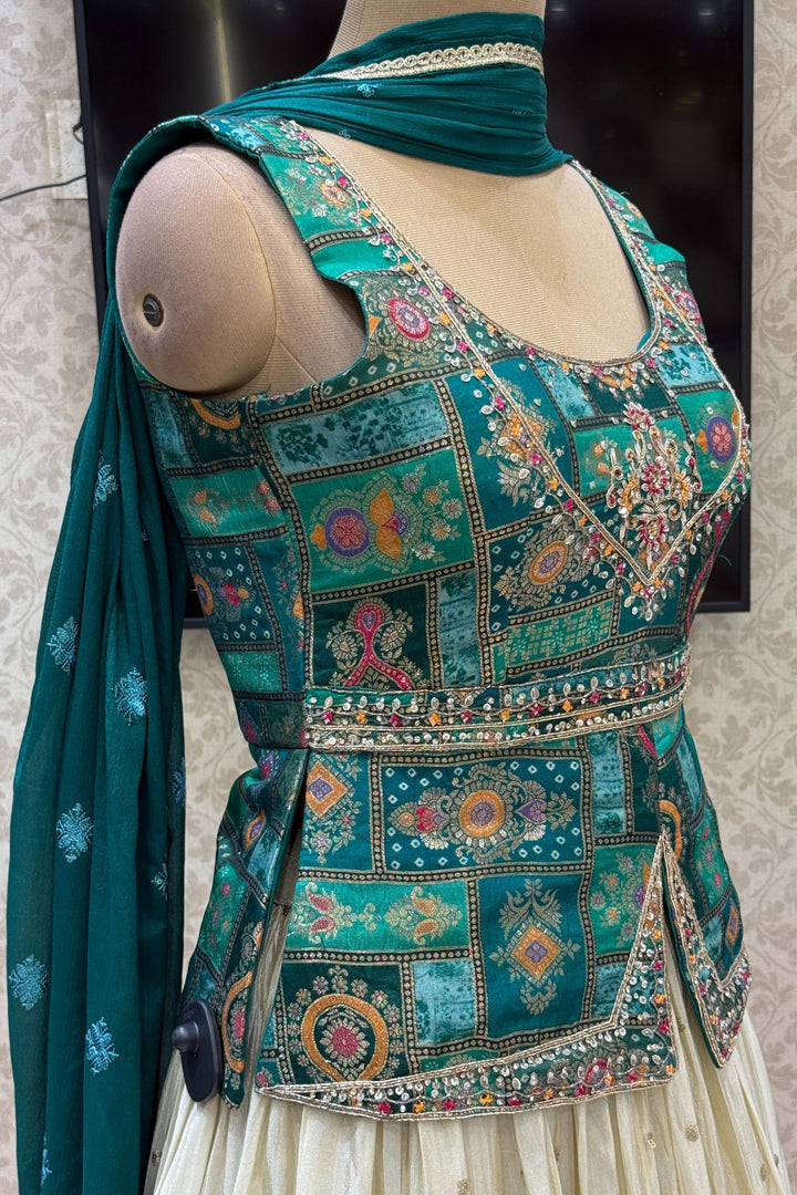 Green with Cream Banaras, Beads, Sequins, Zari and Stone work Peplum Style Lehenga