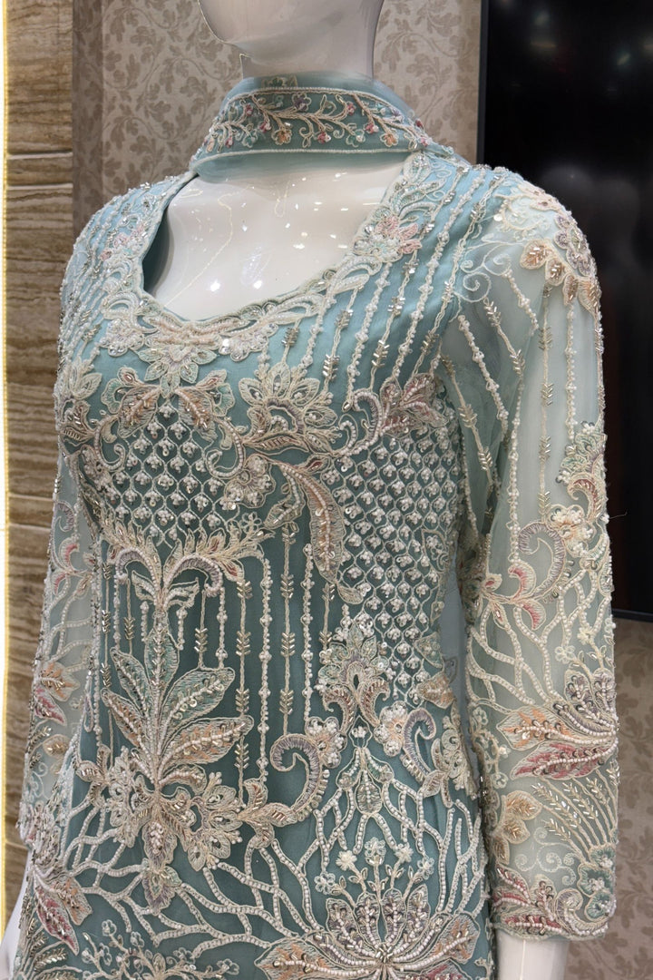 Sea Green Beads, Multicolor Embroidery and Sequins work Palazzo Suit Set