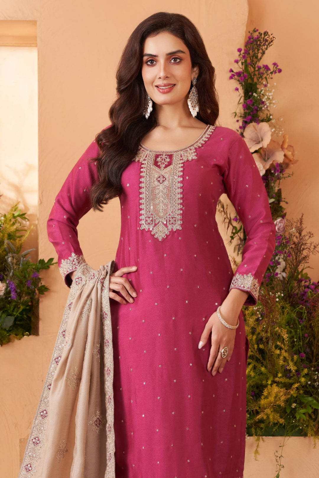 Magenta Sequins, Zari and Thread work Straight Cut Salwar Suit