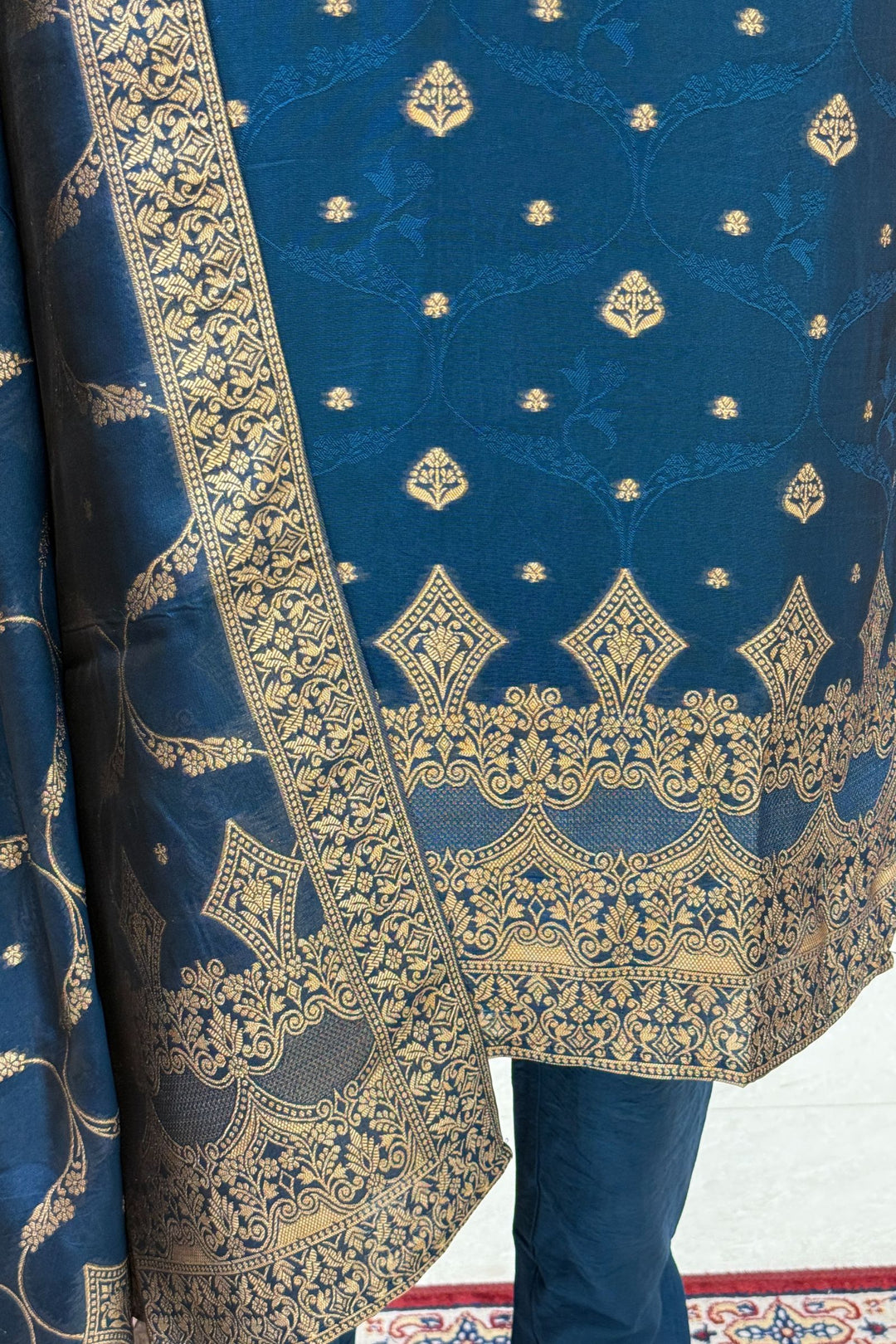 Teal Blue Zardozi, Sequins, Mirror, Stone, Brocade and Banaras work Straight Cut Salwar Suit
