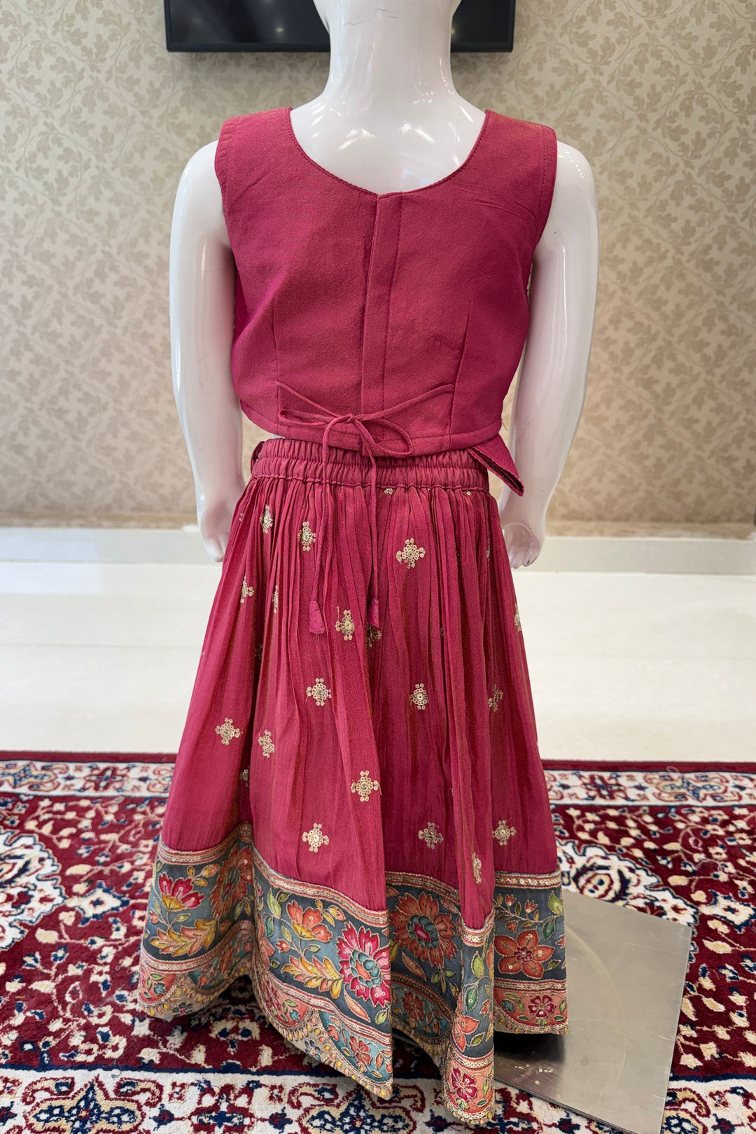 Pinkish Red Mirror, Embroidery, Beads and Sequins work Lehenga Choli for Girls
