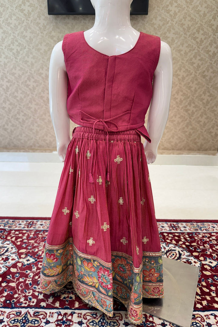 Pinkish Red Mirror, Embroidery, Beads and Sequins work Lehenga Choli for Girls