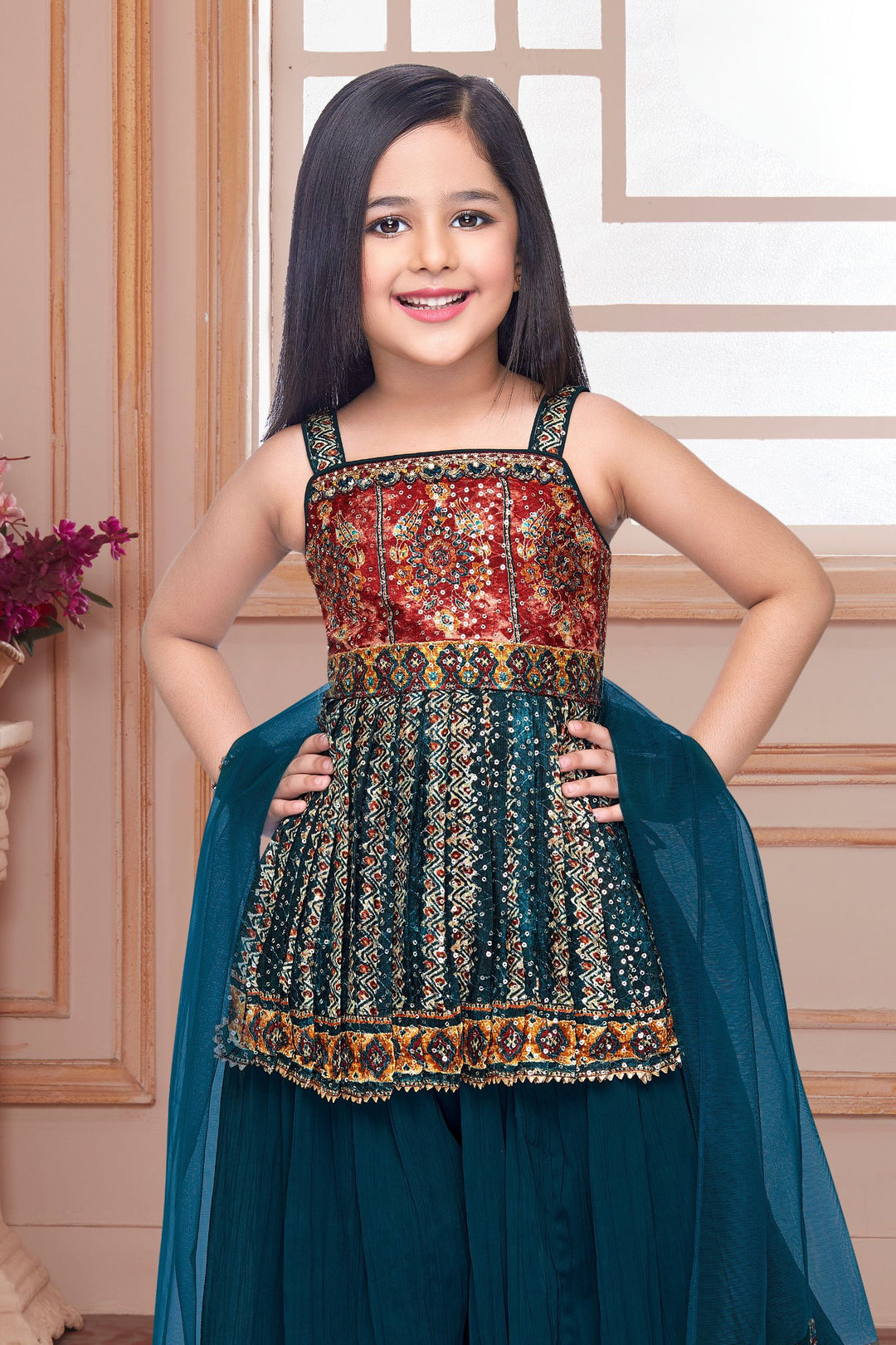 Teal Blue Sequins, Thread and Stone work Peplum Style Palazzo Suit Set for Girls