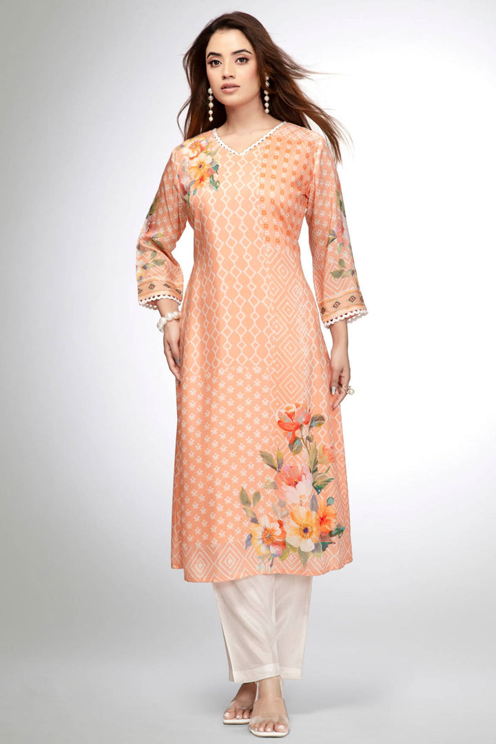 Peach Floral Printed Kurta with Geometric Pattern