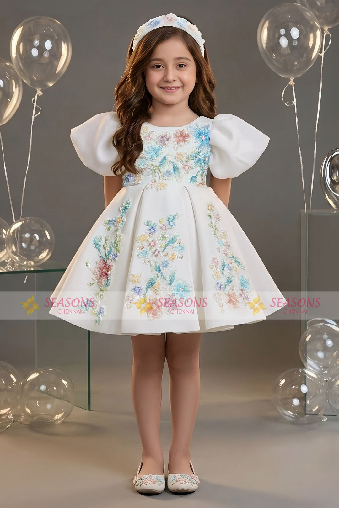Half White Beads and Floral Applique work Short Partywear Frock for Girls