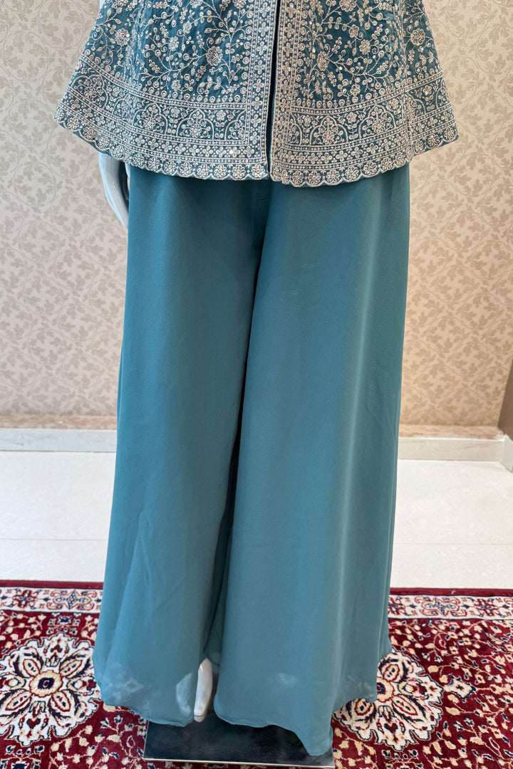 Sea Green Sequins and Zari work Peplum Top with Palazzo Suit Set