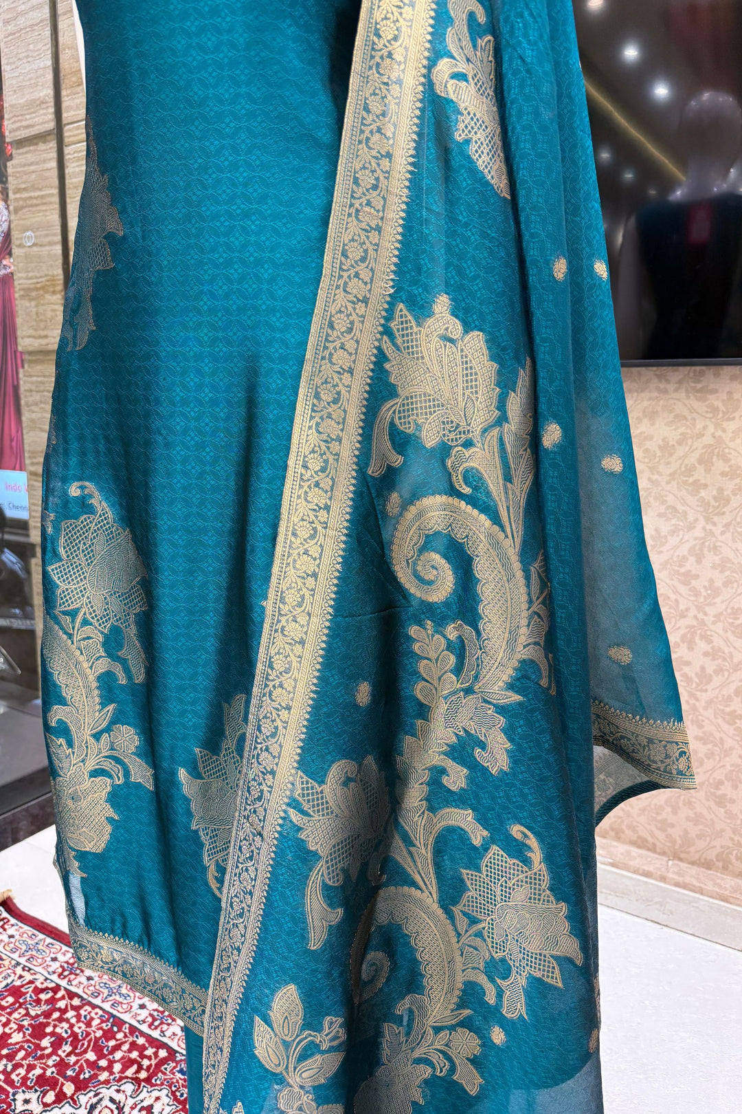 Peacock Green Banaras, Stone, Zardozi, Beads and Zari work Straight Cut Salwar Suit