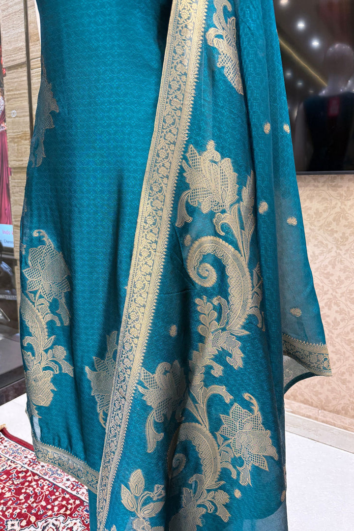 Peacock Green Banaras, Stone, Zardozi, Beads and Zari work Straight Cut Salwar Suit