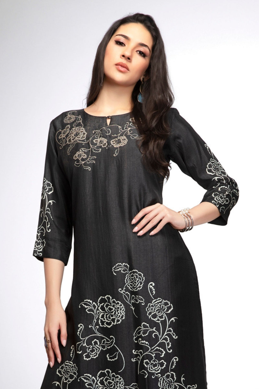 Black Thread and Stone work with Floral Print Calf Length Kurti
