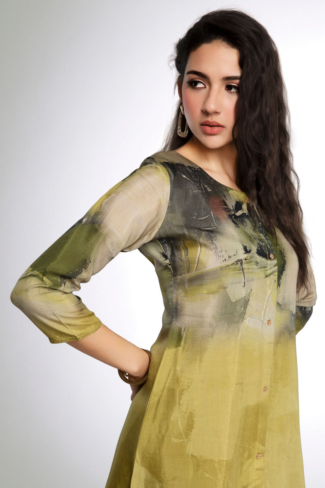 Olive Green Digital Print Short Kurti