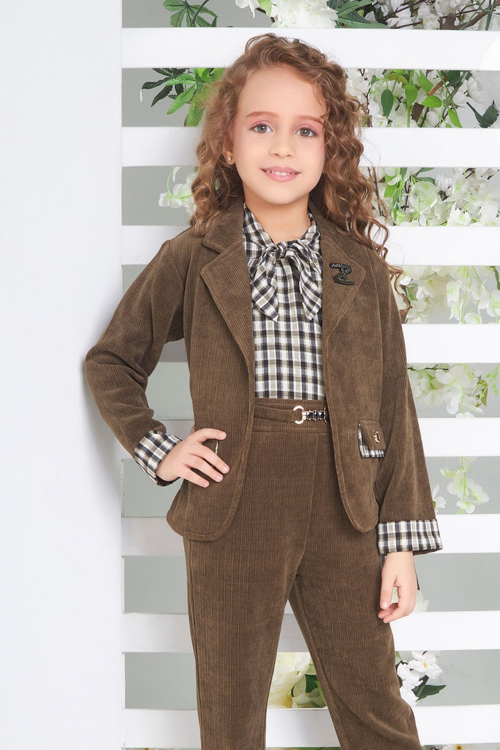 Green with Cream Checked Overcoat Styled Top and Pant Set for Girls