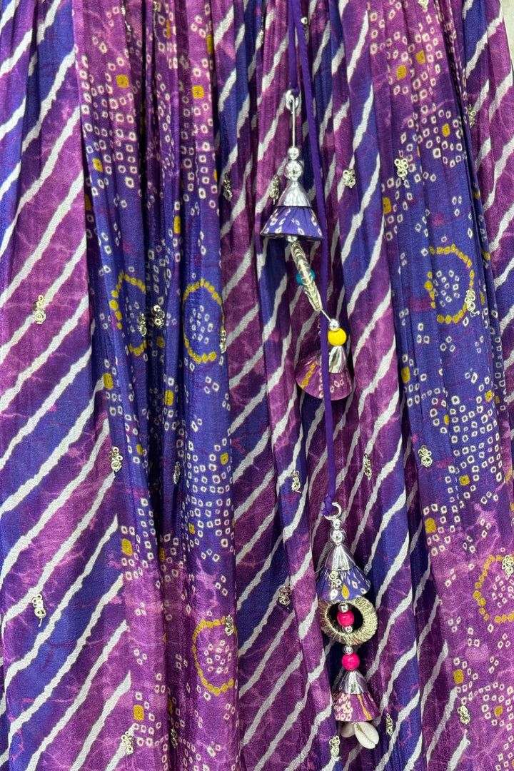 Purple Zari, Sequins and Beads work with Bandini and Leheriya Print Crop Top Lehenga