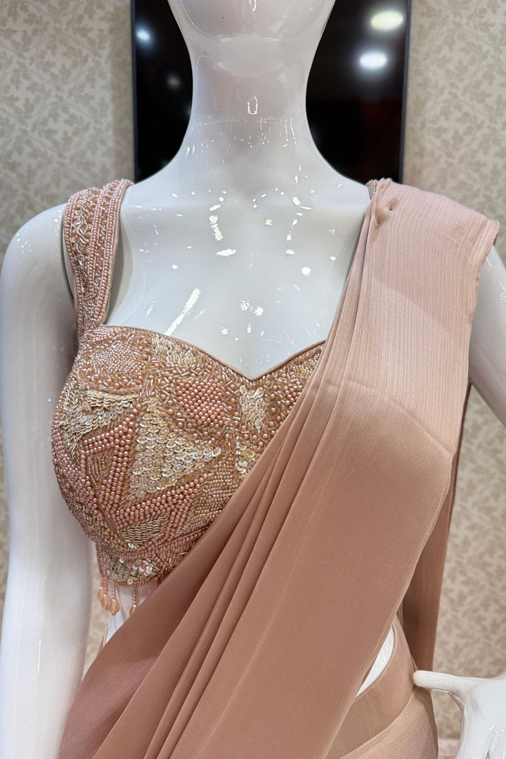 Champagne Gold Beads and Sequins work Indo-Western Styled Readymade Saree
