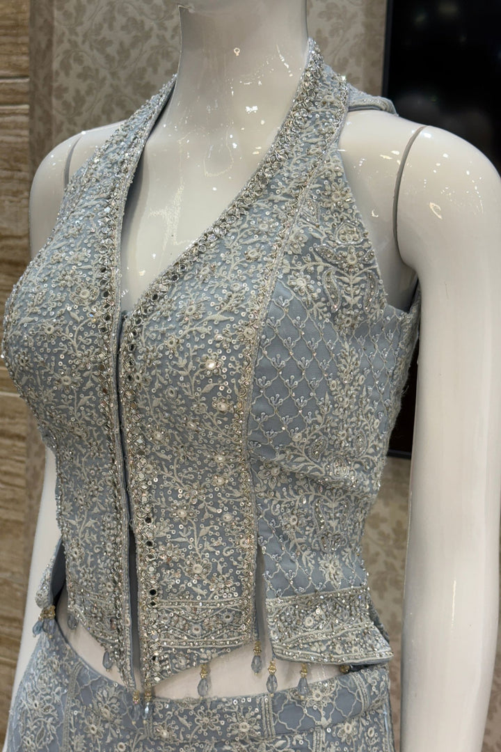 Sky Blue Halter Neck Palazzo Set with Chikankari, Beads, Sequins, Mirror and Stone Detailing