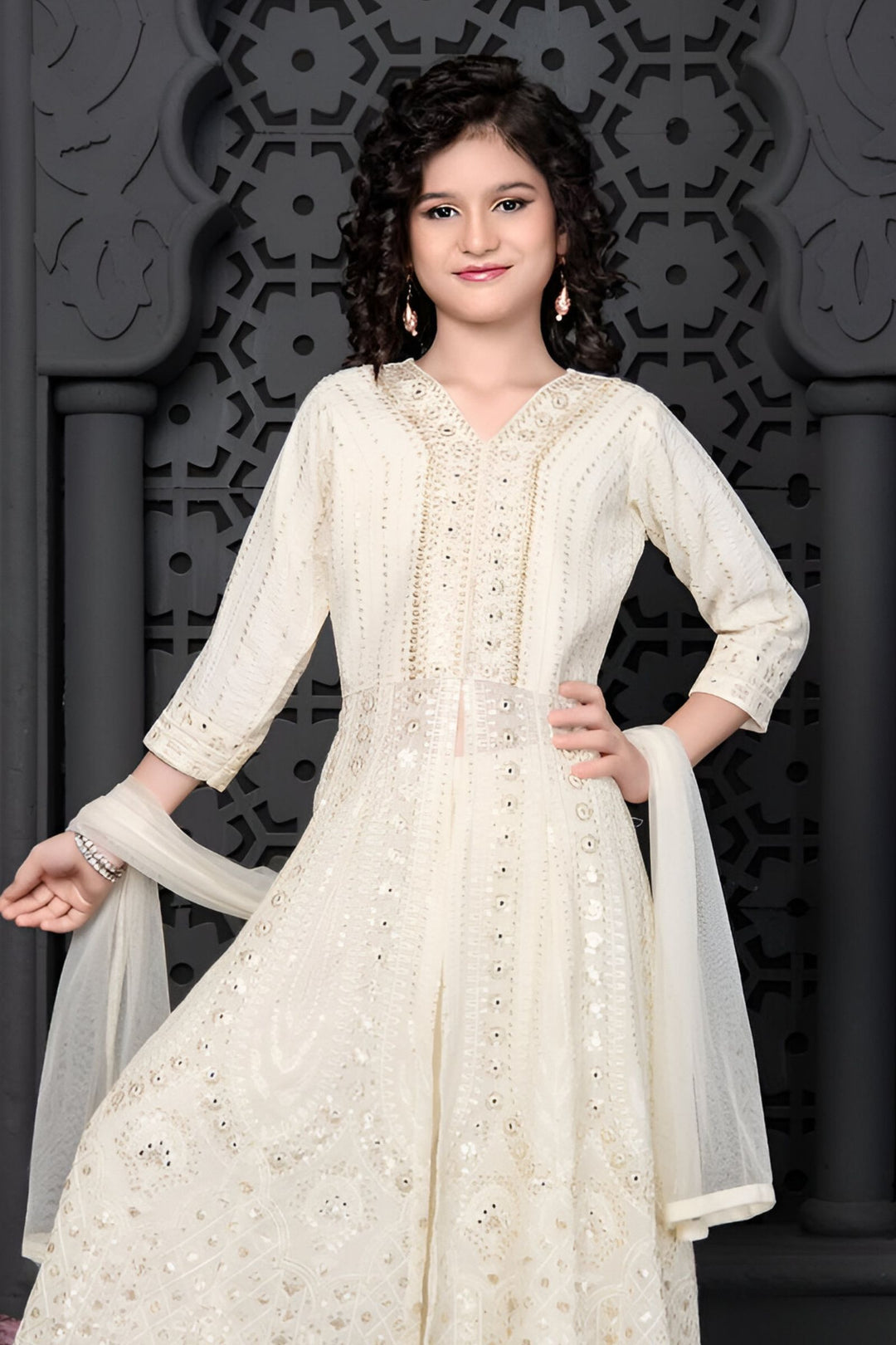 Cream Thread, Sequins and Pearl work Palazzo Set for Girls