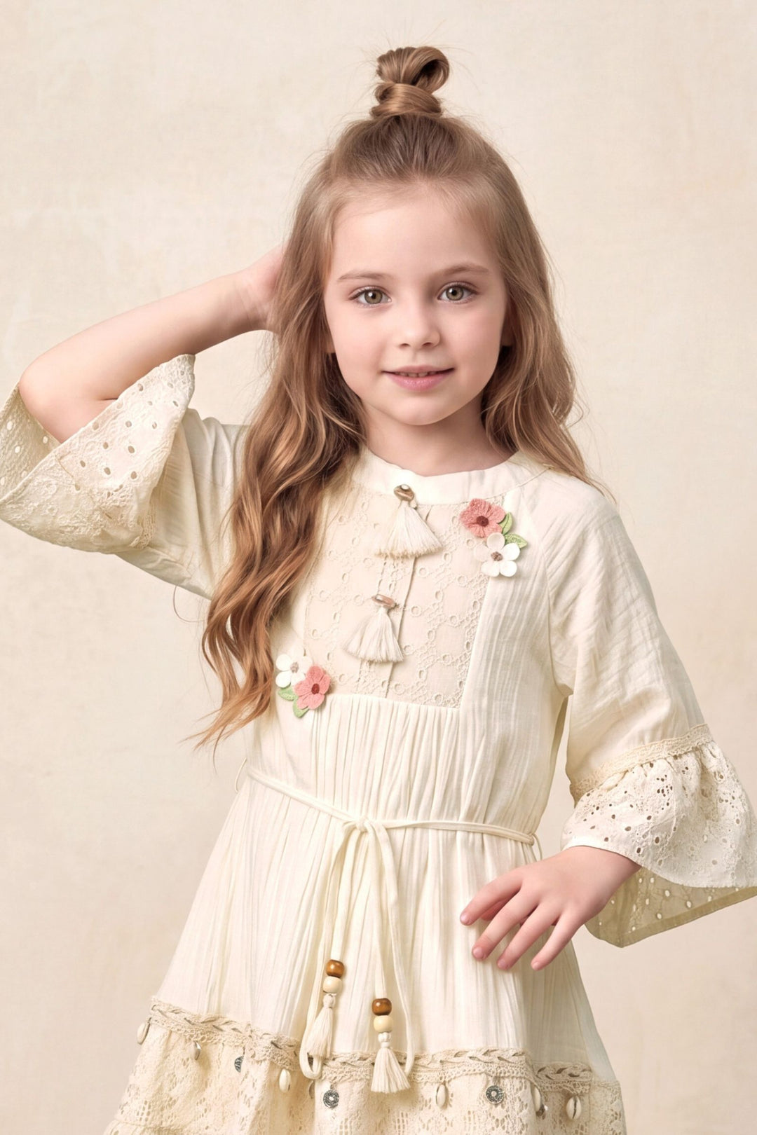 Cream Embroidered Lace Short Frock For Girls