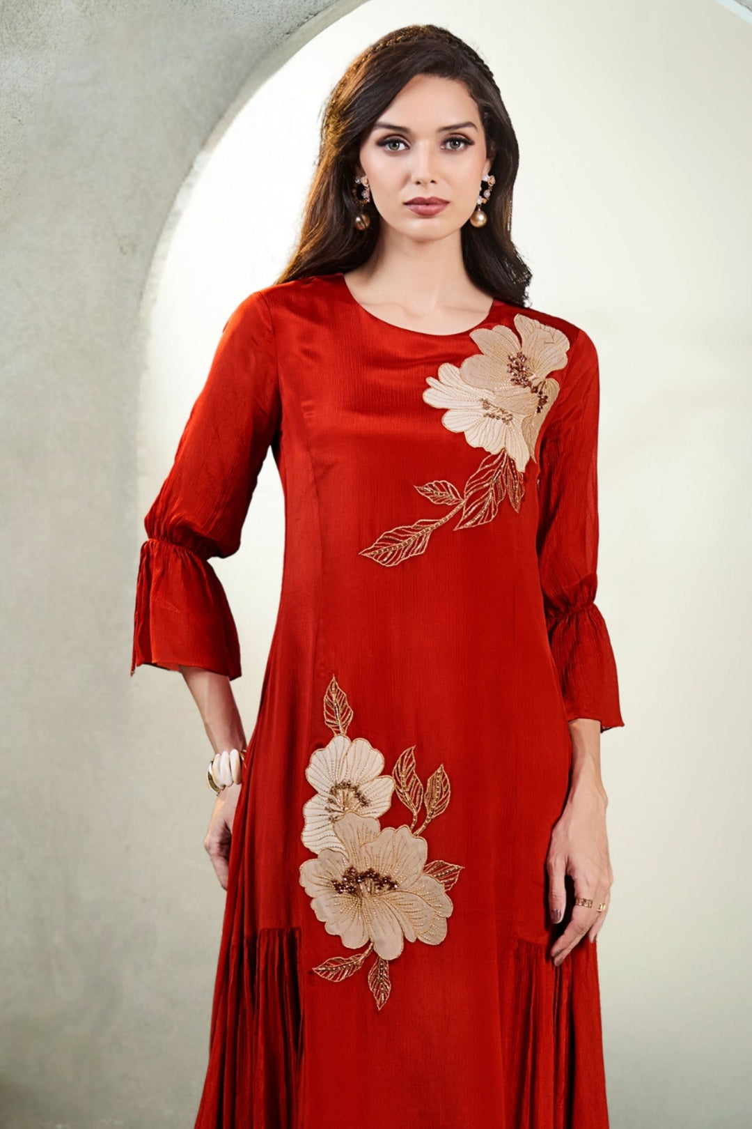 Rust Beads and Zari work Anarkali Styled Long Kurti