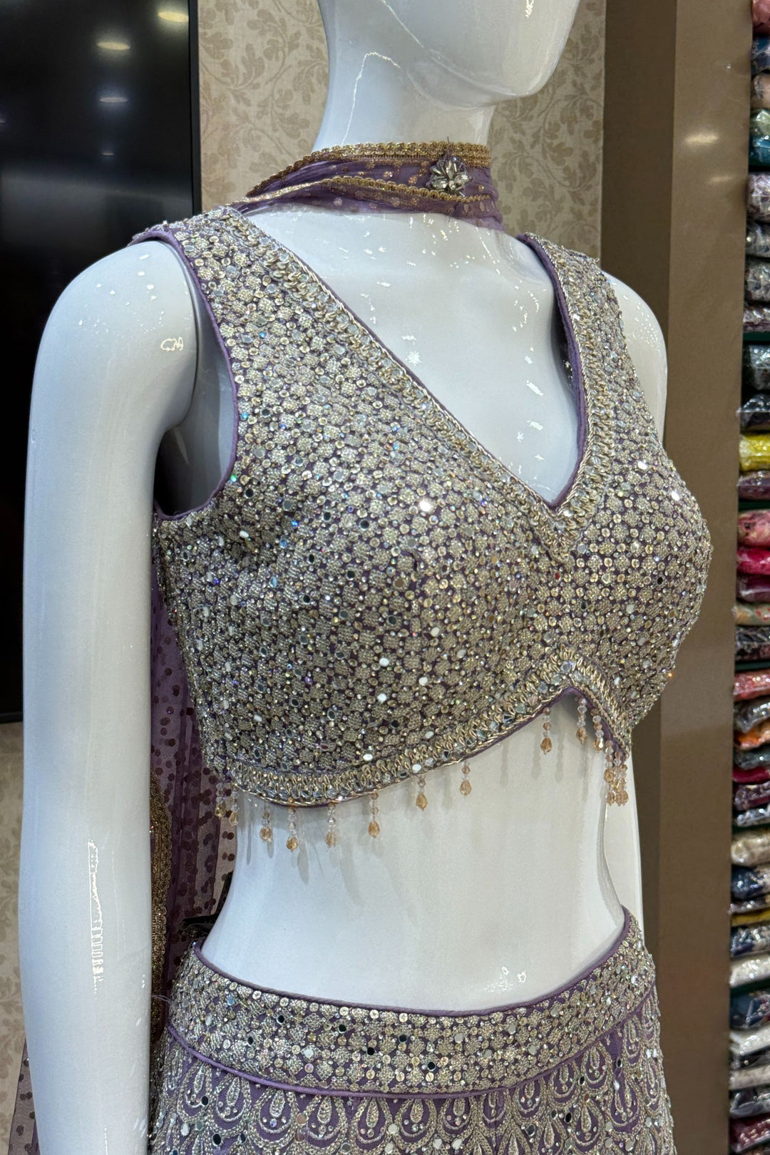 Lilac Zari, Sequins, Zardozi, Beads, Mirror and Stone work Crop Top with Palazzo Pant