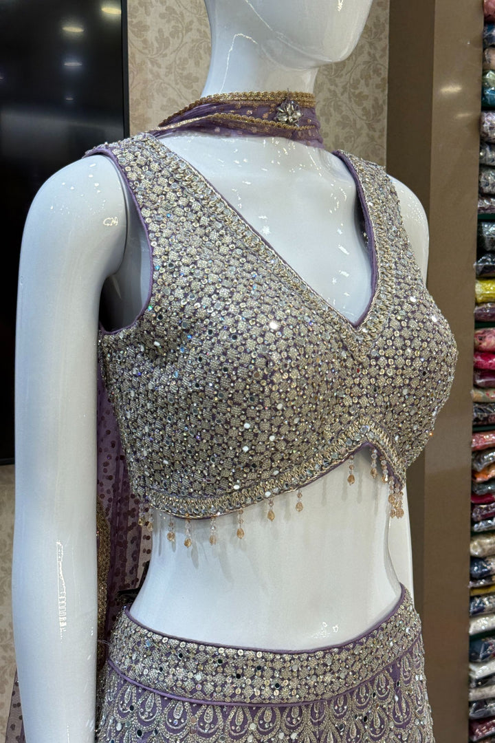 Lilac Zari, Sequins, Zardozi, Beads, Mirror and Stone work Crop Top with Palazzo Pant
