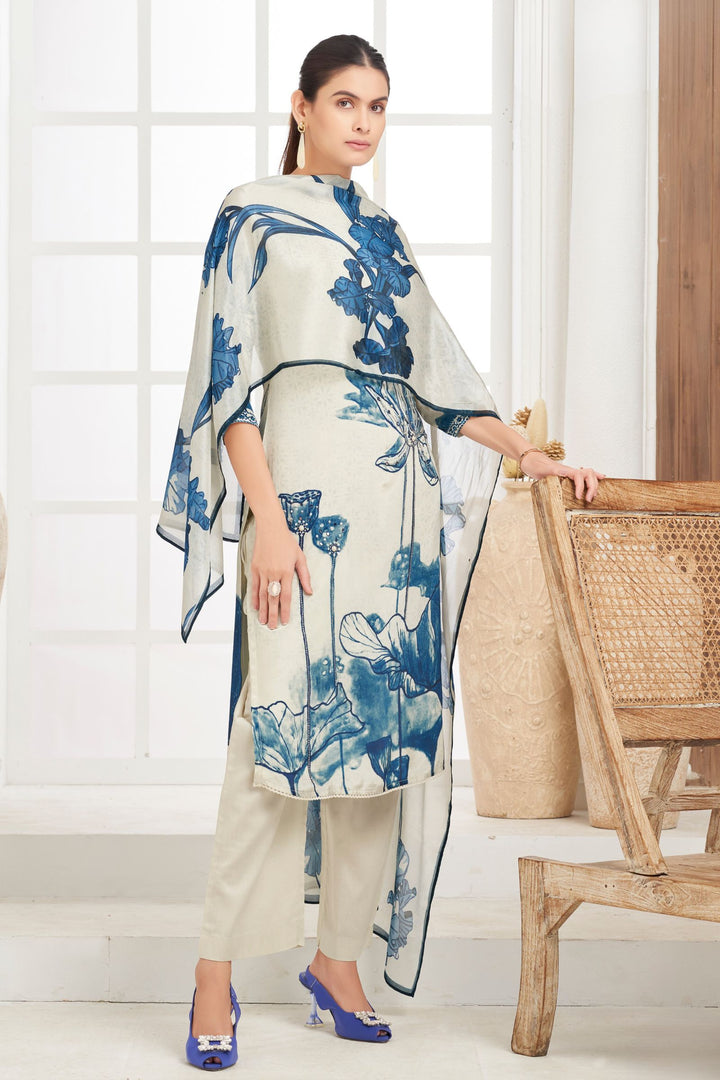 Beige with Blue Floral Print, Beads, Mirror and Sequins work Straight Cut Salwar Suit