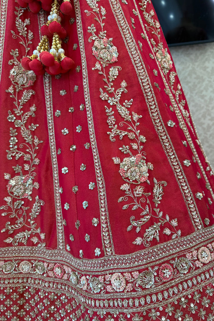 Coral Red Handworked Zardozi, Sequins, Pearl and Beads work Crop Top Designer Bridal Lehenga