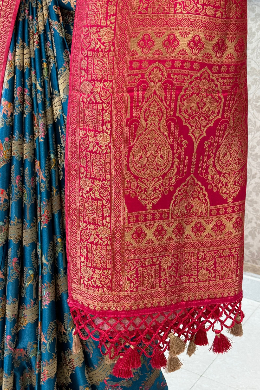 Rama Blue Saree Featuring Heritage Wildlife and Floral Banaras