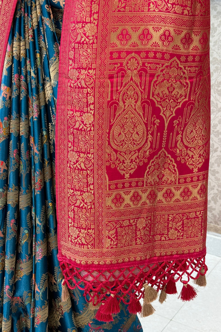 Rama Blue Saree Featuring Heritage Wildlife and Floral Banaras