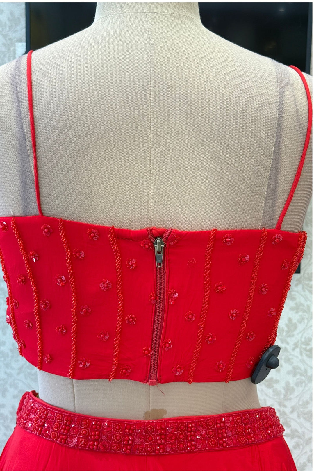 Red Beads and Sequins work Crop Top Lehenga