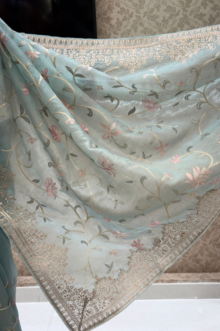 Sea Green Designer Saree with Silver Zari Border and Floral Embroidery