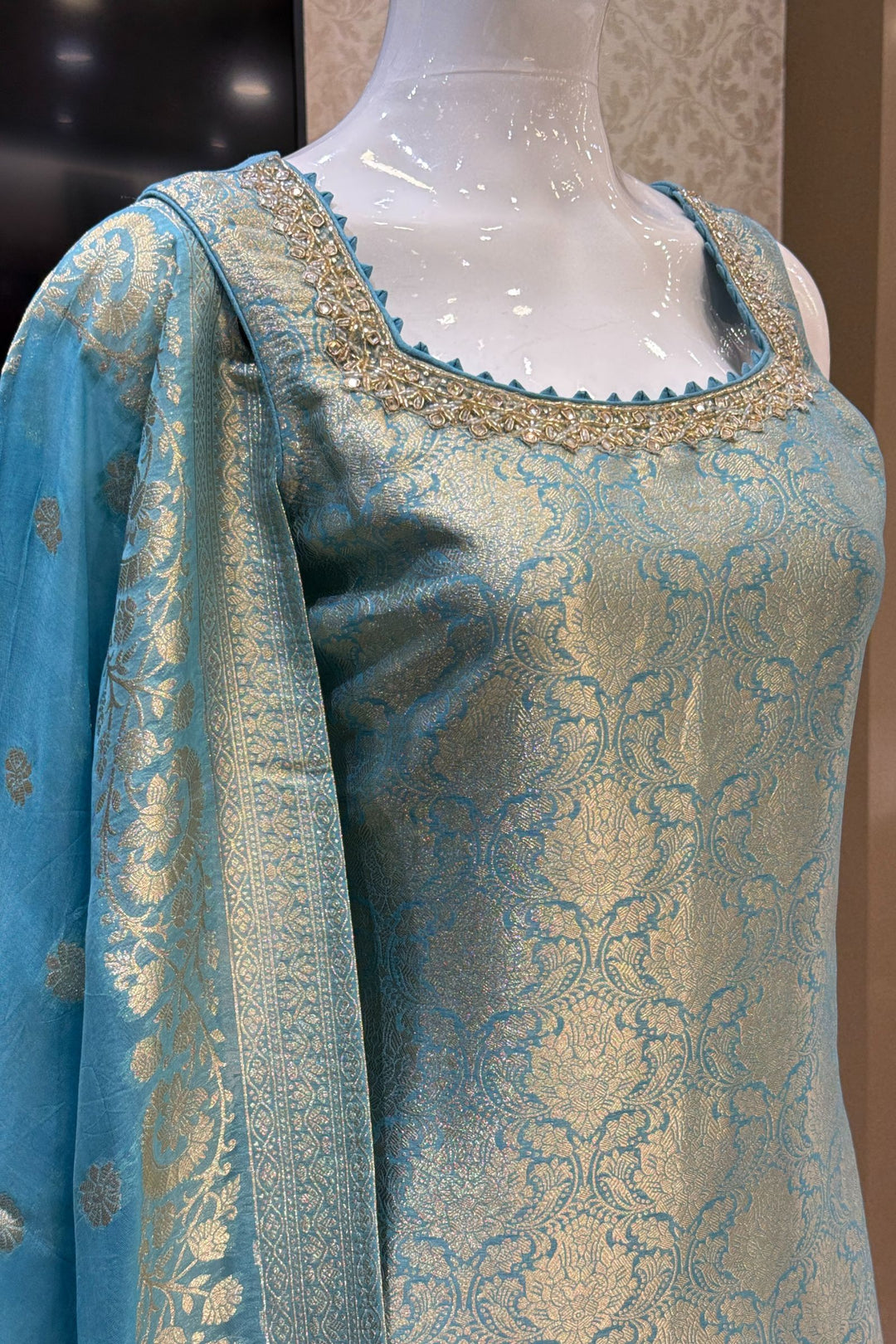 Sea Blue Beads, Mirror, Stone, Banaras and Brocade work Straight Cut Salwar Suit