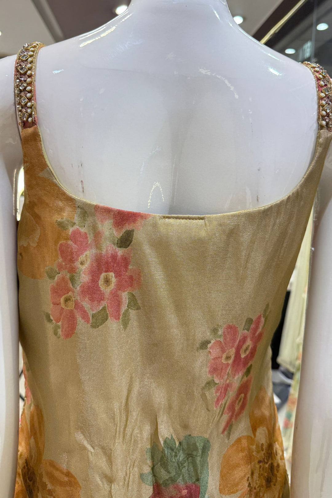 Light Beige Stone, Beads and Kundan work with Floral Print Palazzo Salwar Suit