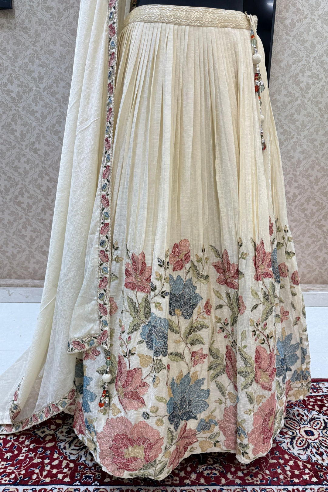 Cream Multicolor Thread, Beads, Zari Thread and Sequins work Crop Top Lehenga