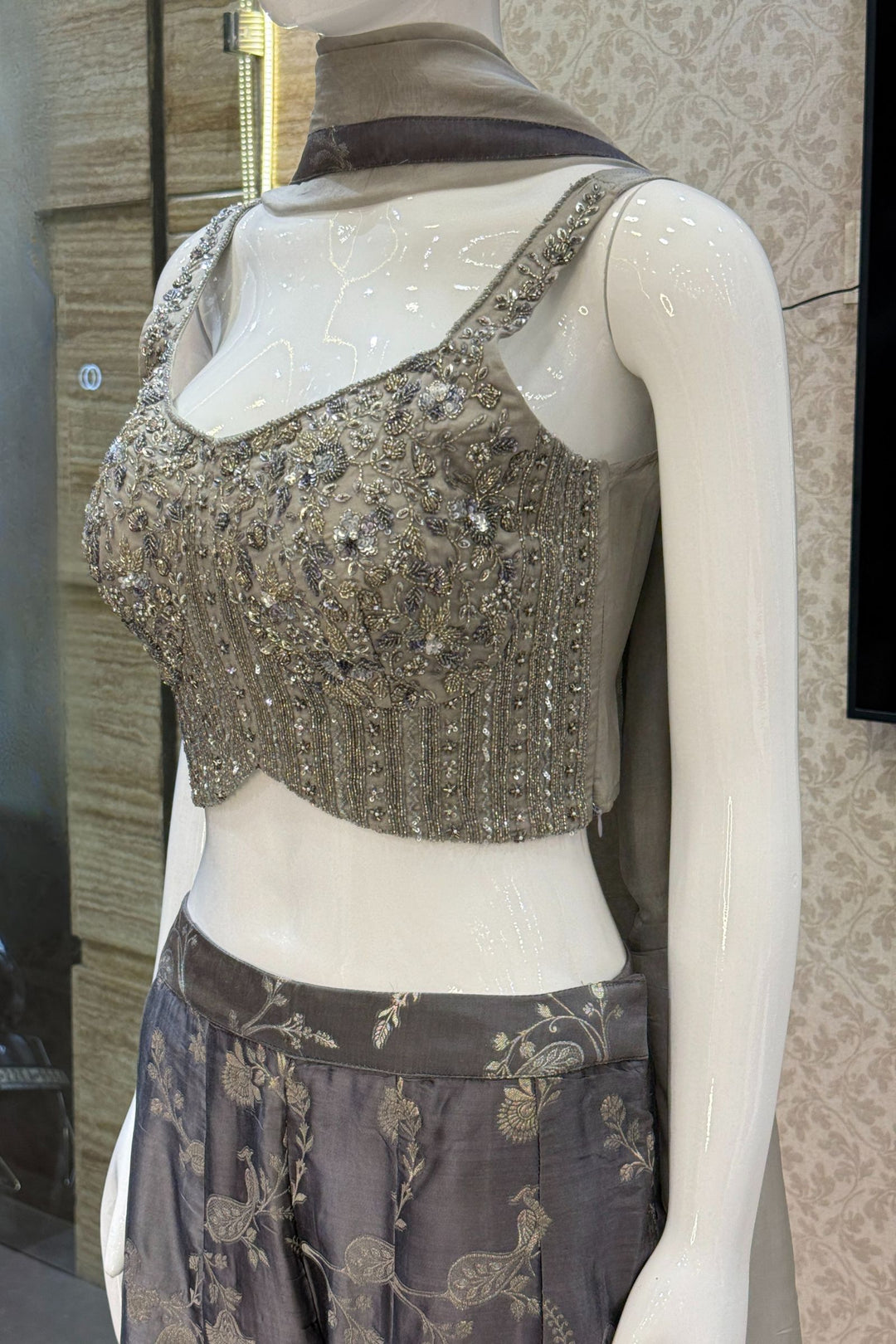 Grey Beads, Sequins, Pearls, Stone and banaras work Crop Top with Palazzo Pant