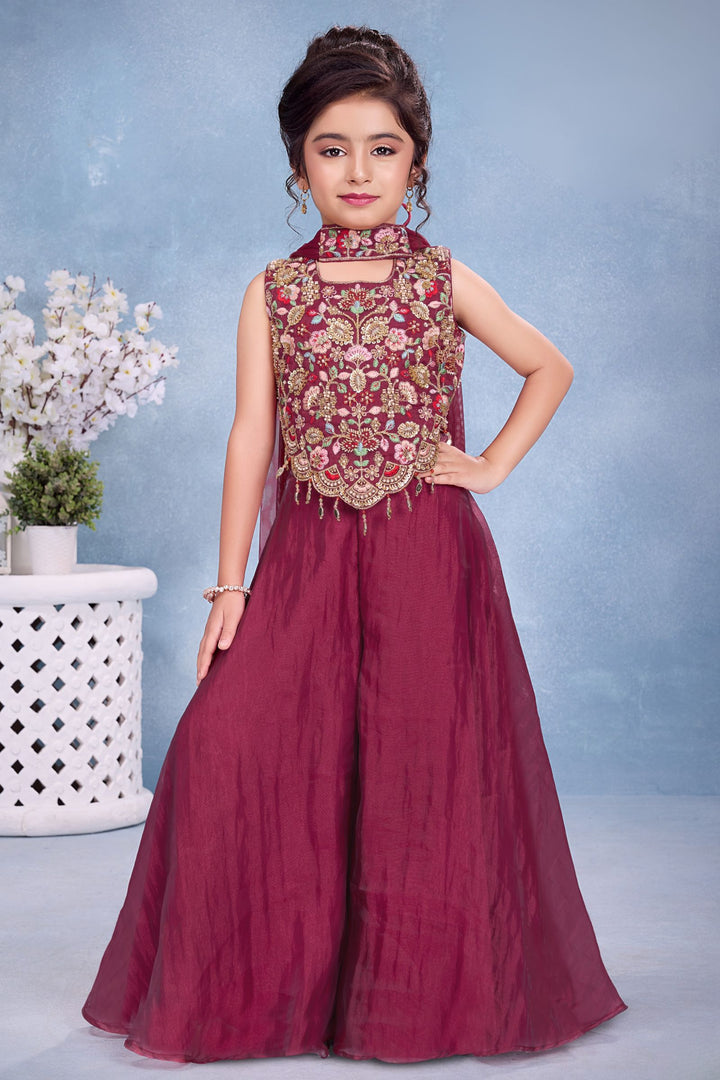 Magenta Beads and Embroidery work Palazzo Suit Set for Girls
