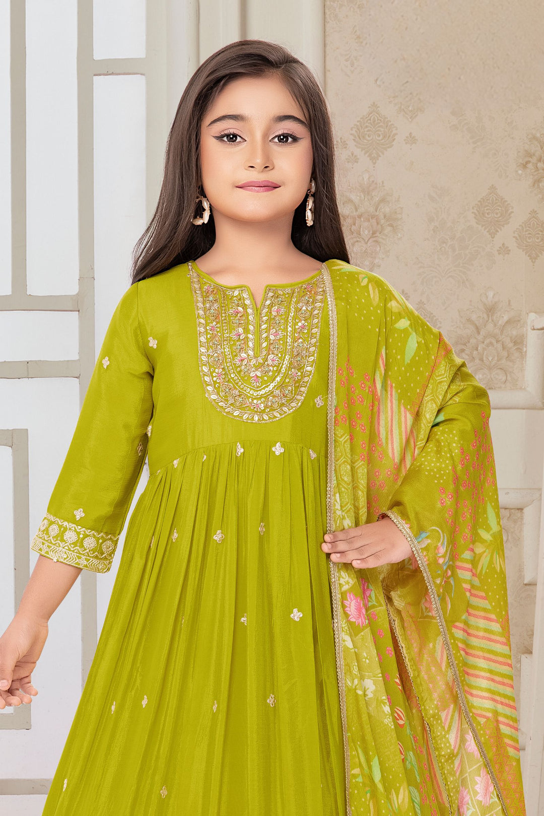 Green Sequins, Zari, Zardozi, Beads and Thread work Anarkali Style Salwar Suit for Girls