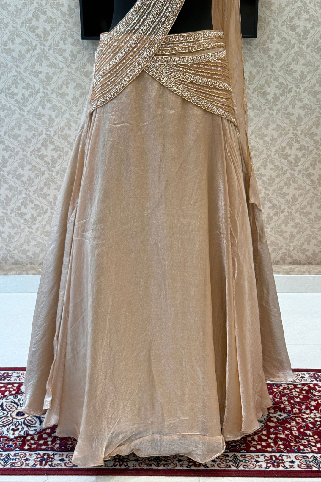 Champagne Gold Beads and Sequins work Draped Half Saree Lehenga Set