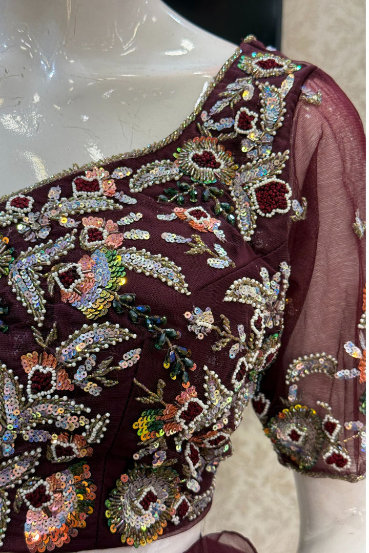 Wine Readymade Saree with Beads, Thread and Stone work Readymade Blouse