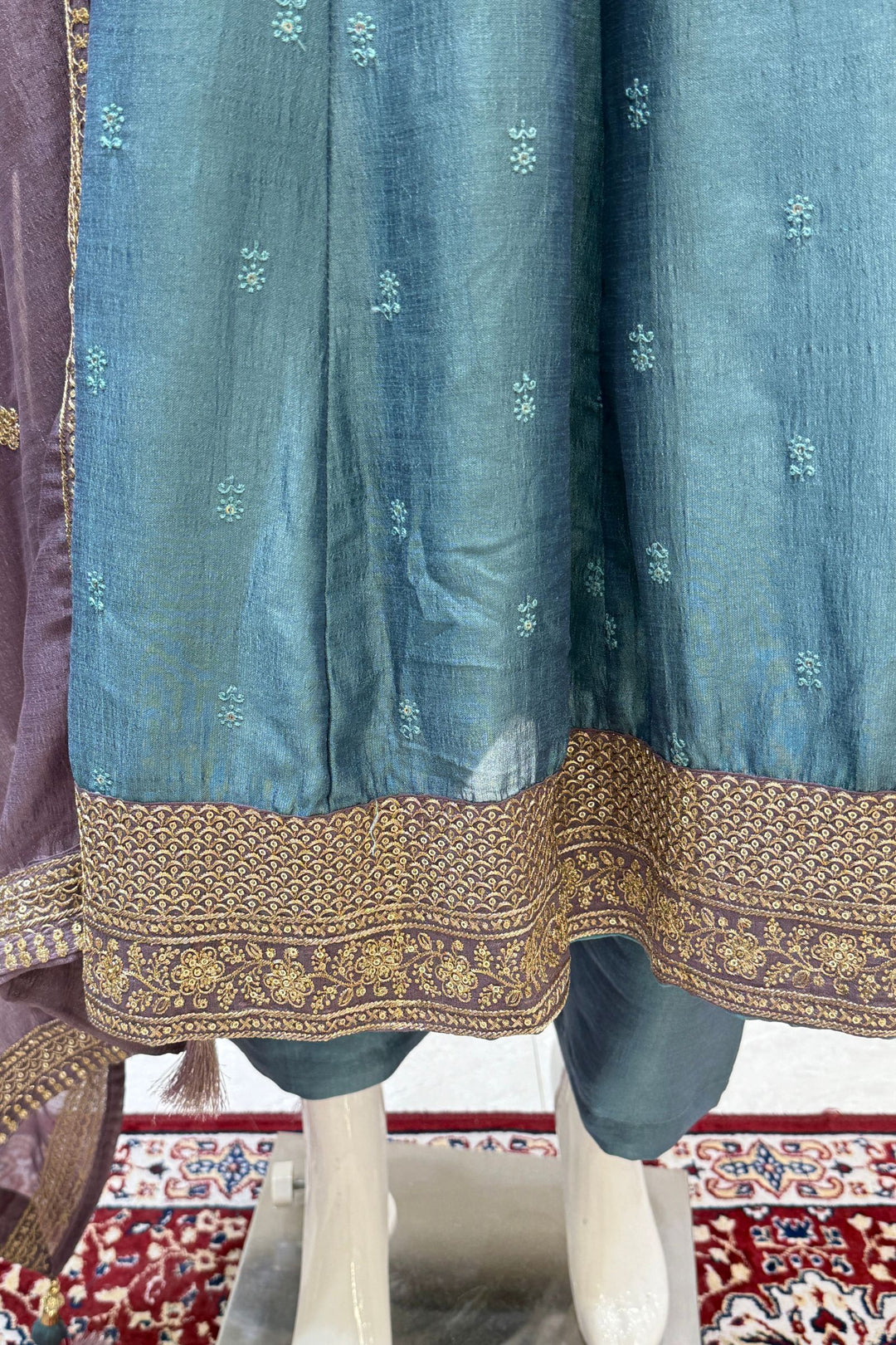 Greenish Blue Beads, Zardozi, Thread, Sequins, Stone and Zari work A-line Cut Salwar Suit